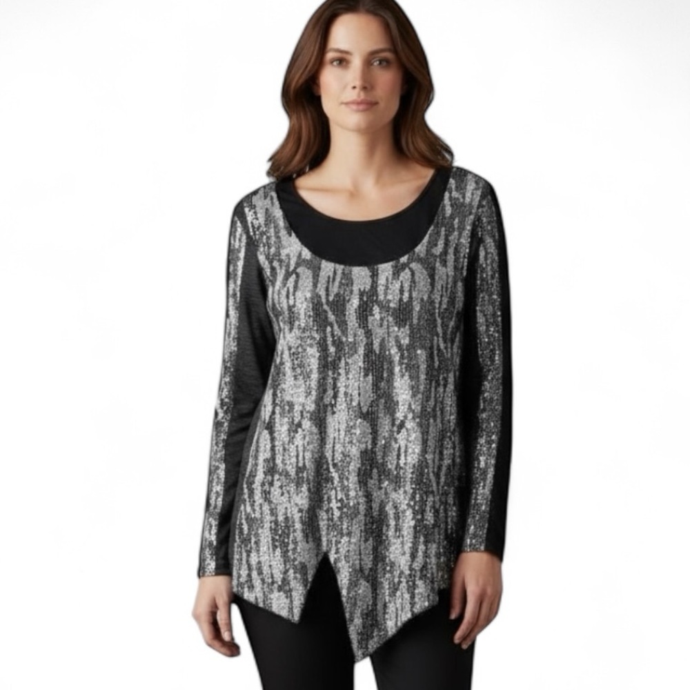 Piccadilly Fashion Black & White Long Sleeve Mesh Tunic Top Textured Overlay XL